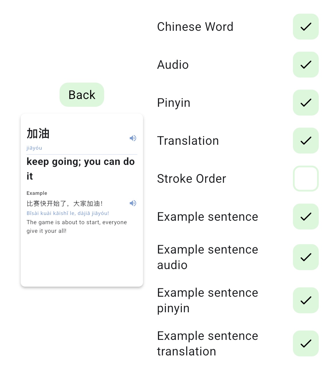Back side field selection for a custom Novli flashcard template showing Chinese, audio, pinyin, translation, and example fields enabled.