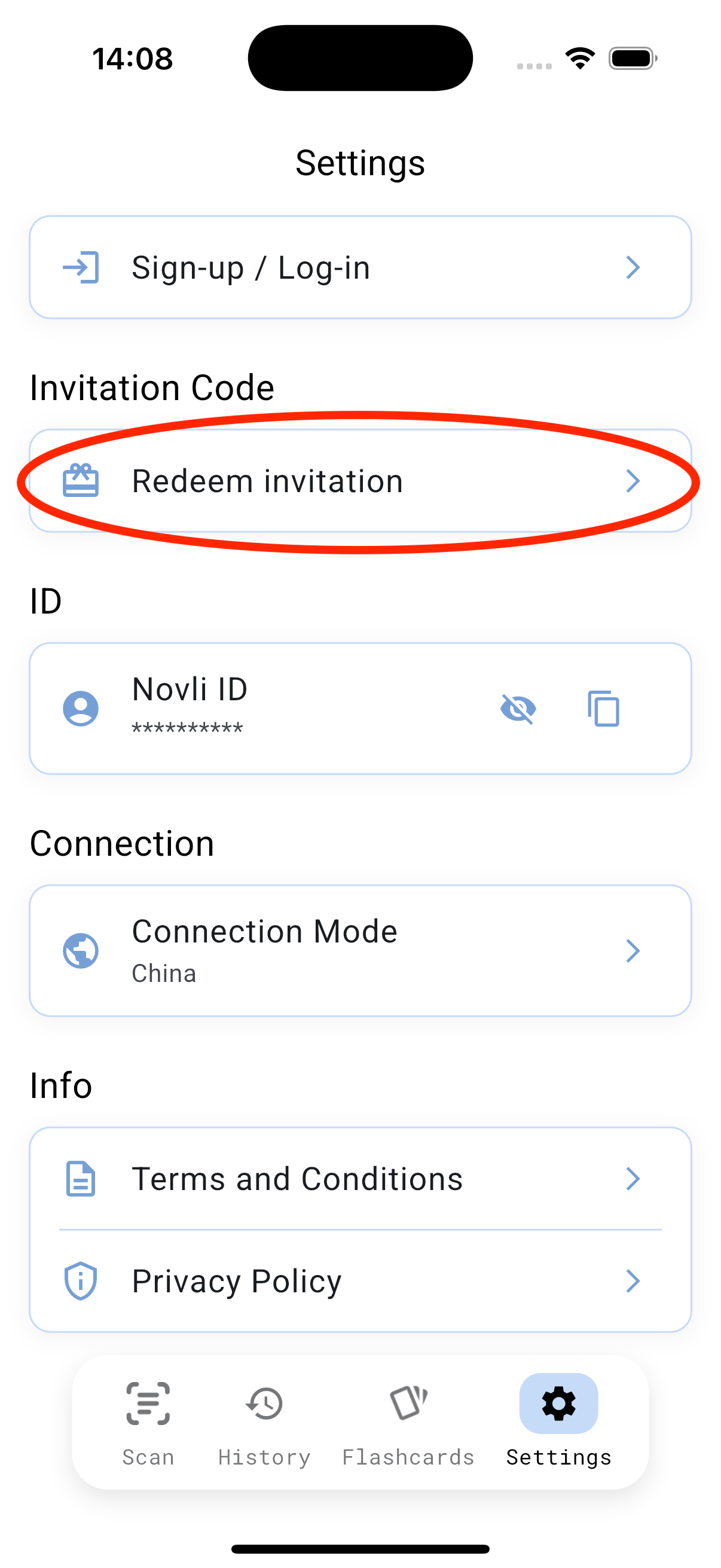 Novli Settings page with the Redeem Invitation option highlighted.
