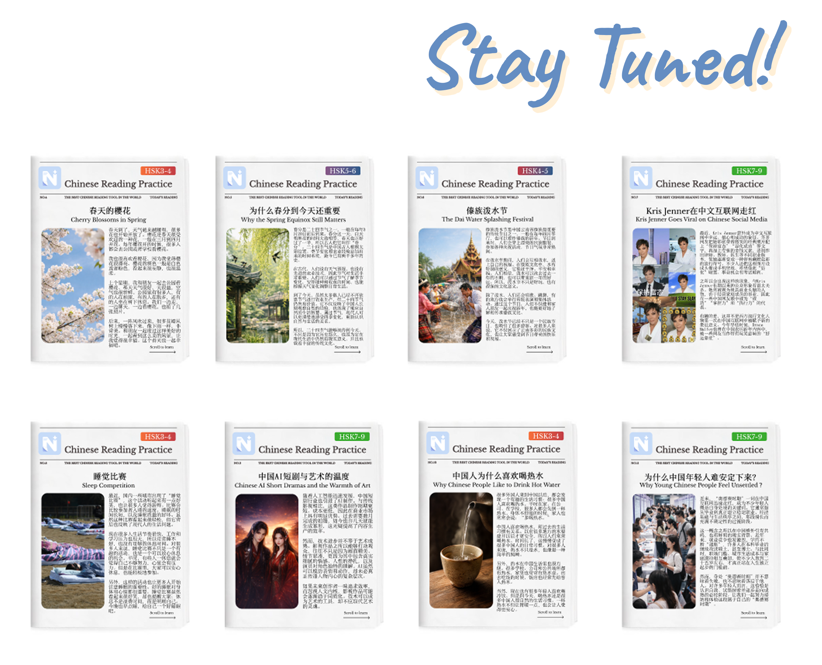 A set of Novli Chinese Reading Practice lesson pages with a Stay Tuned message.
