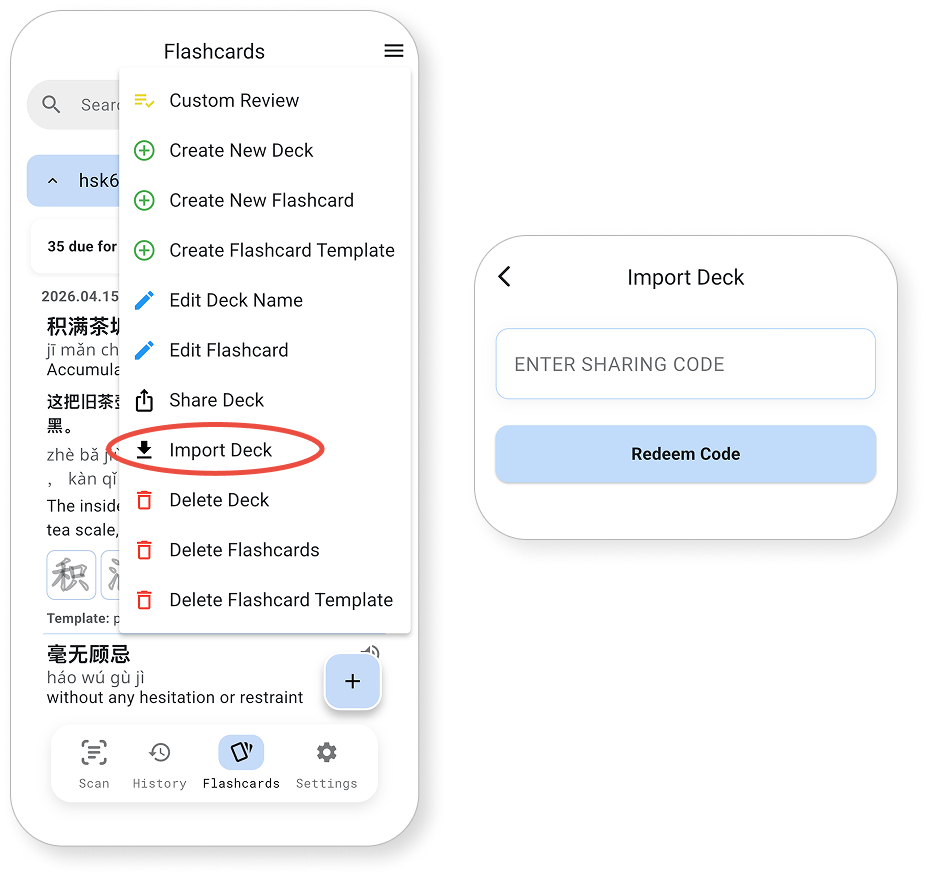 Novli Flashcards menu with Import Deck highlighted and an Import Deck code screen.