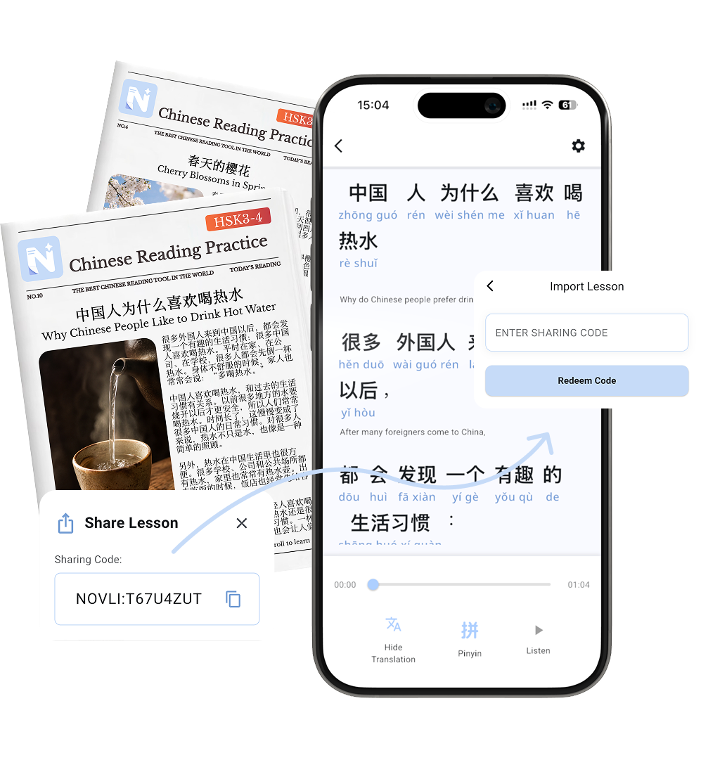 Novli sharing feature showing a Chinese lesson, a sharing code, and an import lesson screen.